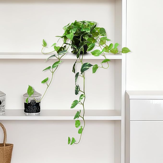 Fake Pothos Hanging Plants, 33" Potted Artificial Hanging Plant, Faux Pothos Silk Vines Hanging Plant Greenery for Home Living Room Indoor Decor