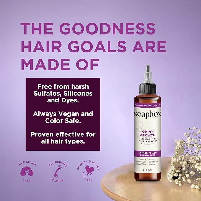 Soapbox Oh My Growth, Lengthening Vitamin Booster Treatment for All Hair Types with Biotin, Vegan Collagen & Vitamins A & C, Paraben & Cruelty Free, For Thicker, Fuller Hair Men & Women, 5oz Pack of 2