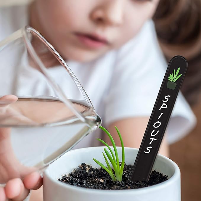 Whaline 200Pcs Thick Plastic Plant Labels Black Waterproof Garden Stake Sign Tags Garden Markers for Outdoor Seedlings Potted Flowers with 2 Marker Pen and A Roll of Twine (6 Inch)