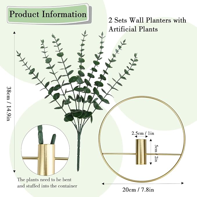 GREENTIME 2 Packs Hanging Planters with 15in Artificial Eucalyptus Plants for Indoor Outdoor Home Bathroom Living Room Wall Decor (Gold, Circle)
