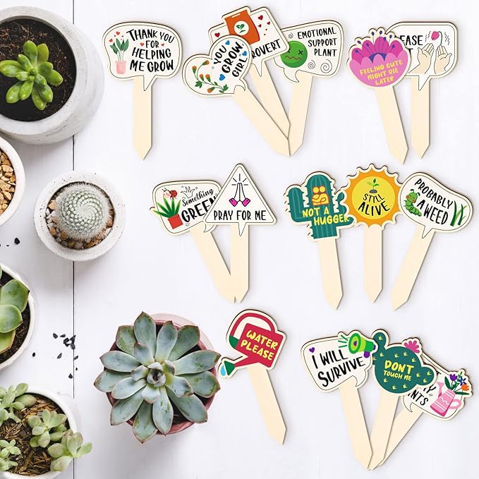 JUYRLE Funny Wooden Plant Labels - 15 Pack Tags for Succulents, Flowers, Greenery; Waterproof, Outdoor Garden Plant Markers; Perfect Gifts for Plant Lovers