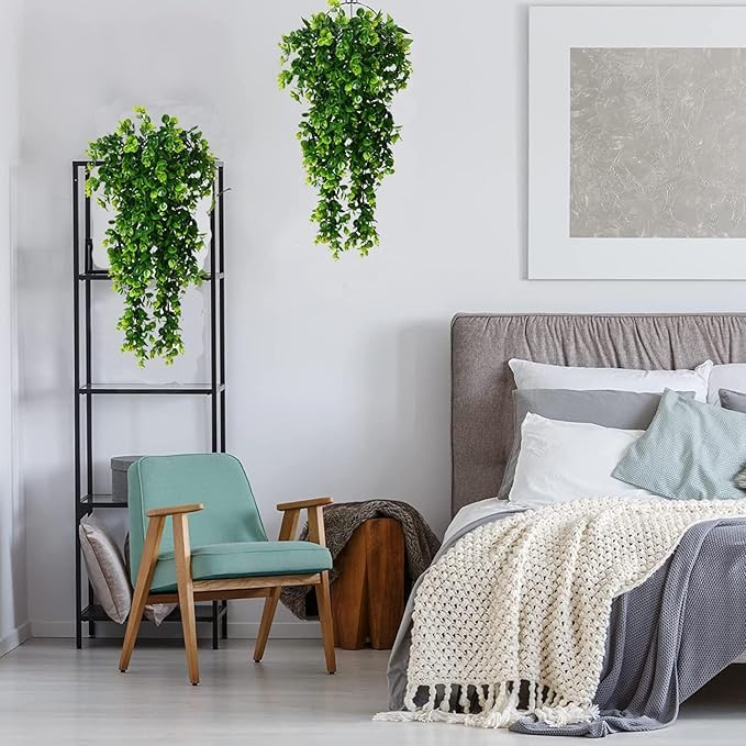 2Pcs Artificial Hanging Plants Eucalyptus Leaves UV Resistant Fake Vines Ivy Artificial Plants Outdoor Faux Plants Indoor Bedroom Living Room Boho Wall Porch Shelf Decor