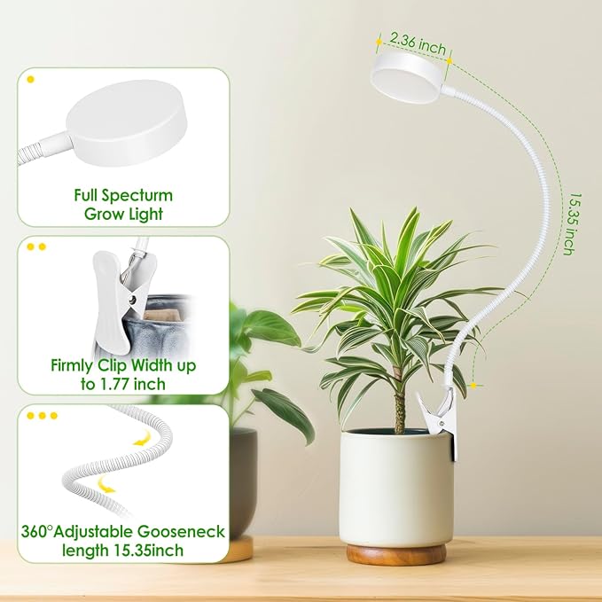 LORDEM Small Pot Clip Grow Light, Full Spectrum LED Plant Grow Lamp for Indoor Growing, Auto On/Off Timer 4/8/12H, Plant Light with 4 Dimmable Brightness Levels, Ideal for Small Indoor Plants, 3 Pack
