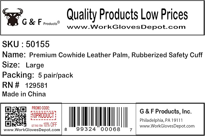 G & F PRODUCTS Cowhide Leather Work Gloves with Suede Finish Palm rubberized safety cuff,(Pack of 60)