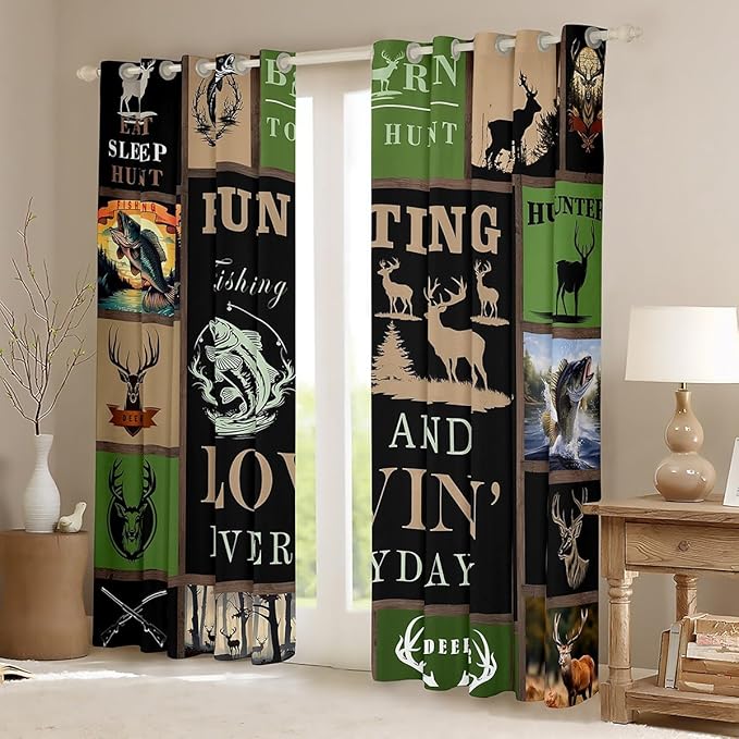 Feelyou Big Pike Fish Window Drapes Deer Curtains for Kids Teens Boys - Antlers Fish Fishing Rod Window Treatments 38W X 45L,2 Panels - Blackout