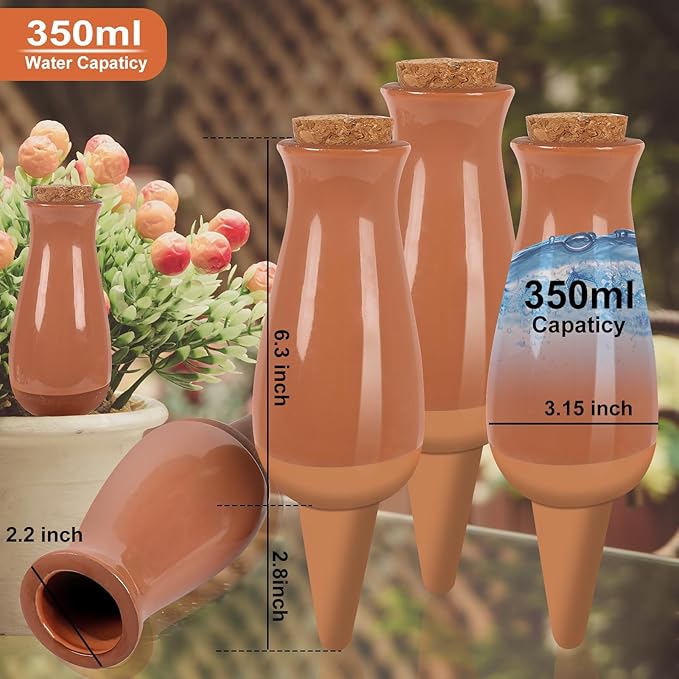 4 Pack Terracotta Plant Watering Globes, 12Oz Ollas Self Watering Pots for Indoor Outdoor Plants, Automatic Plant Drip Irrigation Device, Clay Planter Insert, Up to 1 Week, for Vacations Potted Plant