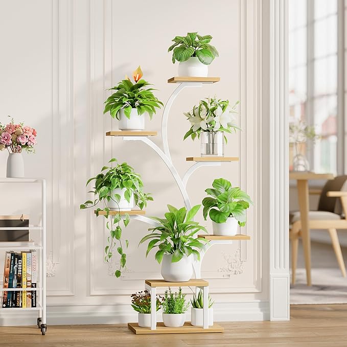 BACEKOLL Plant Stand Indoor with Grow Lights, 7 Tiered Indoor Plant Shelf, 49" Corner Plant Stands for Indoor Plants, Metal Plant Flower Display Shelf, Tree-Shaped Plant Rack for Home, Patio, Natural