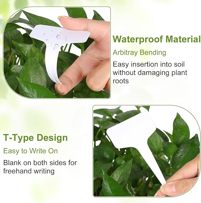 Oligei Plant Labels 120 PCS, T-Type Plant Tags with Marking Pen, 6 x 10 CM White Plastic Plant Markers for Nursery, Garden, Seedlings, Flower Vegetables, Herb