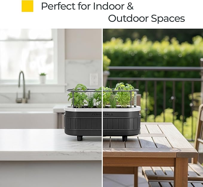 Permasteel Herb Garden Planter with Trellis Support, Self-Watering System with Water Level Indicator, Fits Multiple Herb Plants, for Basil, Flowers, Succulents, Indoor & Outdoor, Black