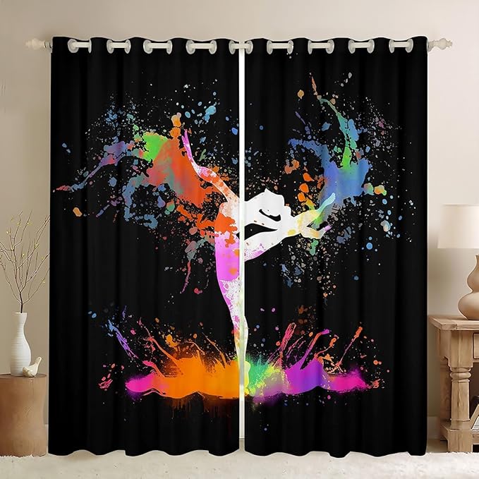 Ballet Curtains & Drapes,Ballerina Ballet Dancer Blackout Curtains,Colorful Tie Dye Window Treatments 2 Panels 42"Wx63"L,Ballet Lover Gymnastics Sport Window Curtains Teal Orange Pink Red Green
