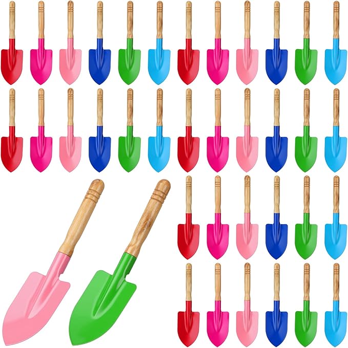 Liliful 30 Pcs Mini Gardening Shovel Colorful Metal Garden Tools with Wooden Handle Beach Shovel for Planting Loosening Digging