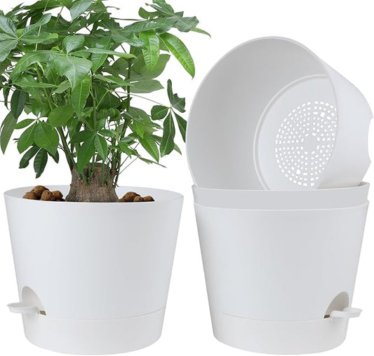 YNNICO 12 Inches Indoor Self Watering Planters with Drainage Holes and Saucers, 4 Pack (White)