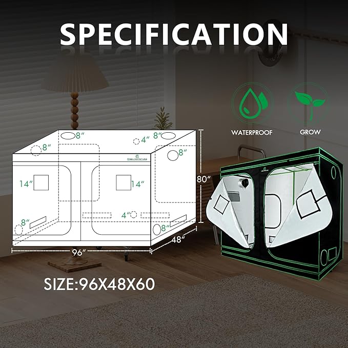 GA Grow Tent 96"x48"x80" Reflective Mylar Hydroponic Grow Tent with Observation Window and Waterproof Floor Tray for Indoor Plant Growing (96x48x80)