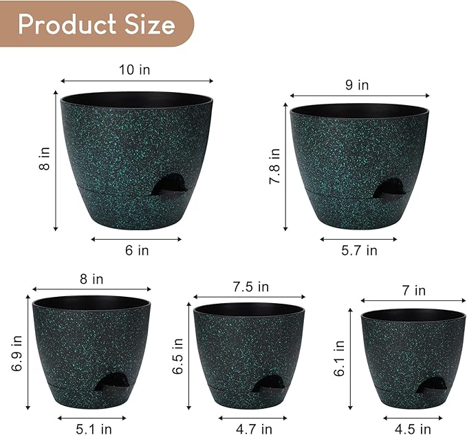 YNNICO Plant Pots 10/9/8/7.5/7 inch, Self Watering Planters with Drainage Holes & Saucers for Indoor and Outdoor Plants (Green Speckles)