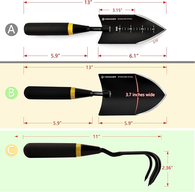 KEMAIER Heavy Duty Stainless Steel Garden Tool Set - Thoughtfully Crafted for Outdoor Patio Use, Perfect for Both Men and Women. Includes Gardening Trowel, Transplanting Shovel, and Hand Cultivators