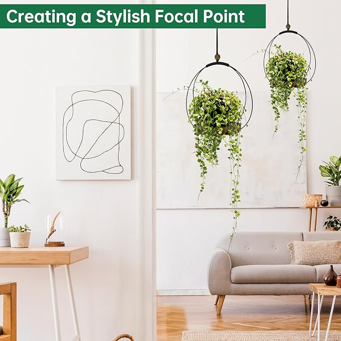 hismocal Hanging Planters for Indoor Plants,Plant Hanger with Sturdy Wood Base,Modern Boho Macrame Plant Hanger,Wall Ceiling Window Stands(Plants/Pots Not Included) (2 Pack-Circle)