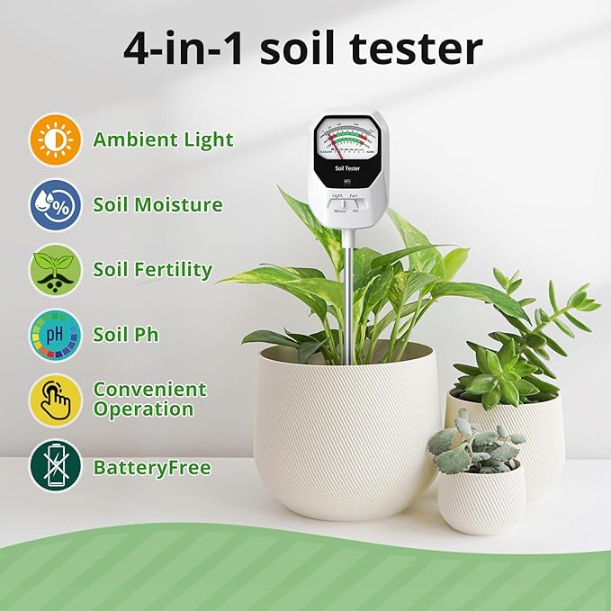 4-in-1 Soil Moisture Meter Soil Moisture/Fertility/PH Meter/Sunlight Intensity Soil Test Meter for Gardening, Farming and Outdoor Plants