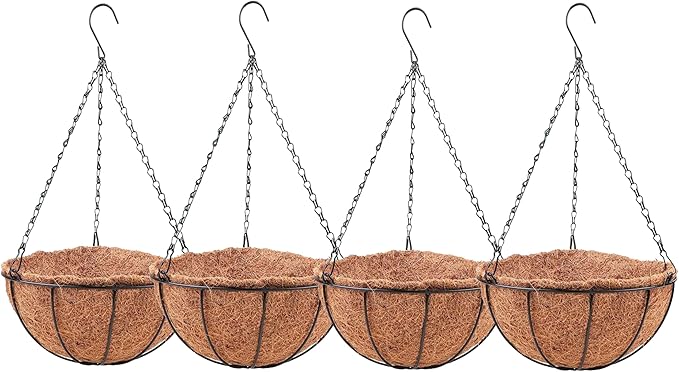LaLaGreen Hanging Baskets for Plant Outdoor (18 Inch, 4 Pack) Extra Large Black Metal Wire Hanging Planter with Coco Liner Round Flower Pot Holder Hanger Deck Porch Modern Garden Balcony Country Decor