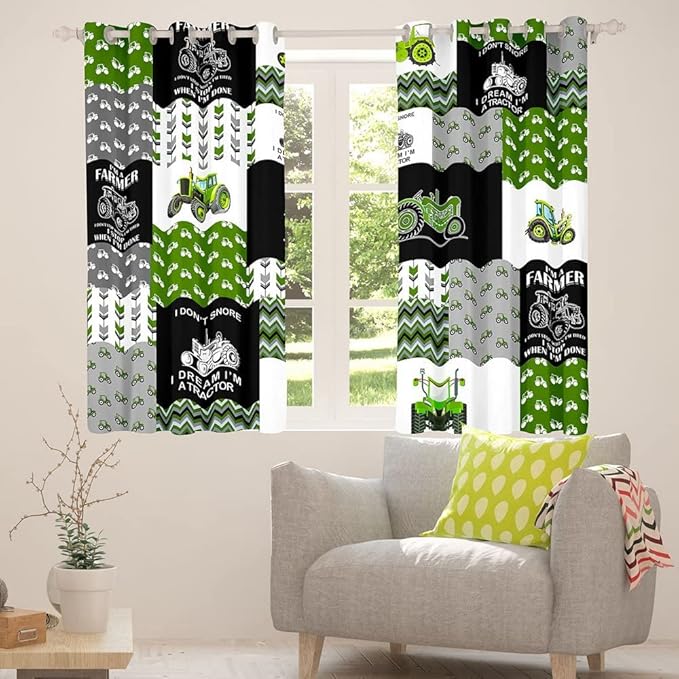 Feelyou Tractor Curtains Cartoon Farm Tractor Blackout Curtain for Kids Boys Girls Truck Car Window Drapes Harvester Excavator Window Treatments Green 42W X 84L，2 Panels