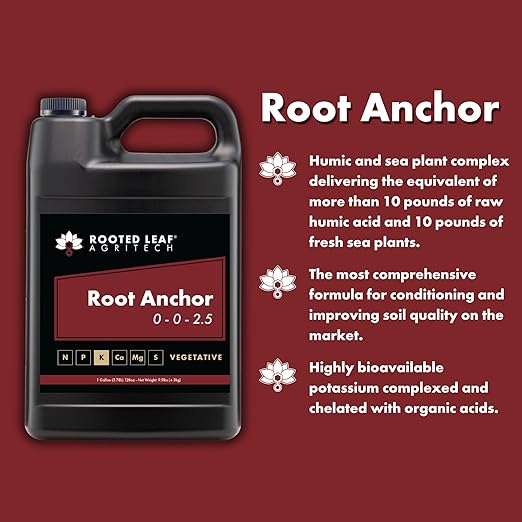 Root Anchor - Carbon Based Humic and Kelp Fertilizer, Nitrogen Free with Potassium to Improve Soil and Enhance Plant Growth for Garden Plants Grass Lawns - 2.5 Gallon