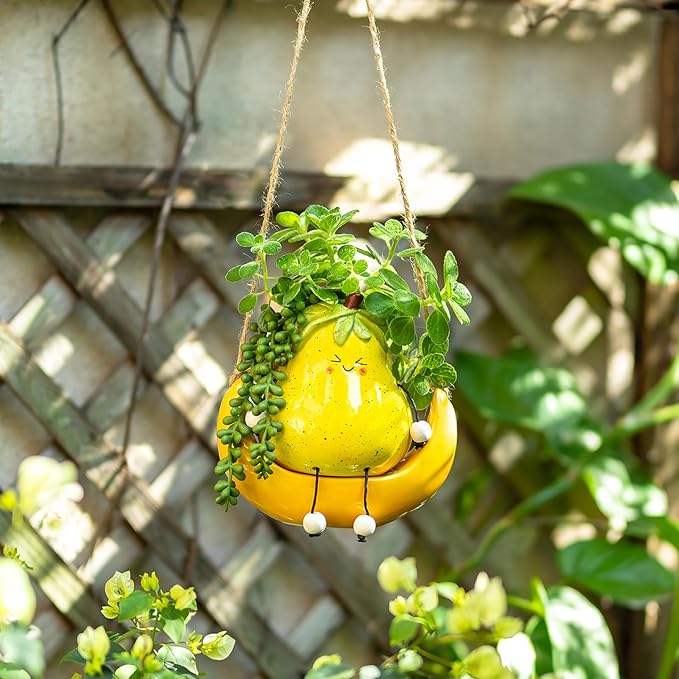 Cute Hanging Planter Pot for Indoor - Swing Smiley Planter for Outdoor Plants - Ceramic Succulent Plant Pot with Face