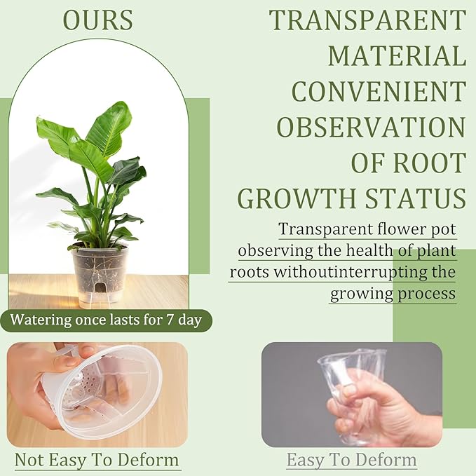10Pcs Clear Self Watering Pots for Indoor Plants, Bare Root Planters with Deep Reservoir & High Drainage Holes, Bottom Watering Semi Hydroponic Pots for Orchids, Herbs & Flowers(10)