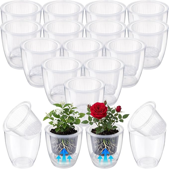 18pcs Self Watering Pots 3.5inch Plastic Flower Plant Pot with Inner Pot Self Watering Wick Planter White Clear Flower Pots for Indoor House Plants Herbs, Flowers, Succulents(Transparent)