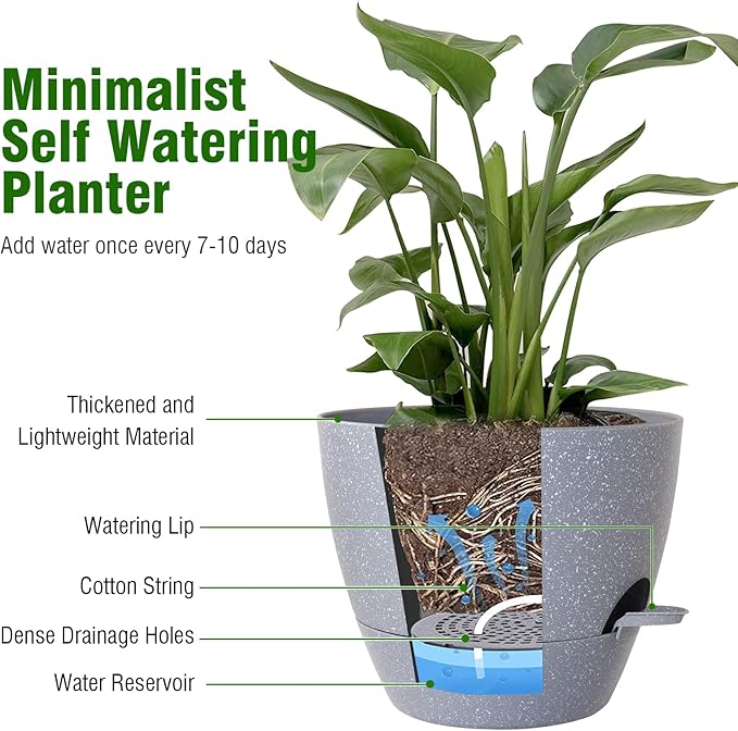 WSMKSZ 12 inch Large Self Watering Pots, Planter, Plant Pots with Mesh Drainage Holes for Indoor Outdoor House Plants and Garden, Plastic Flower Pots with Deep Reservoir, Speckled Grey