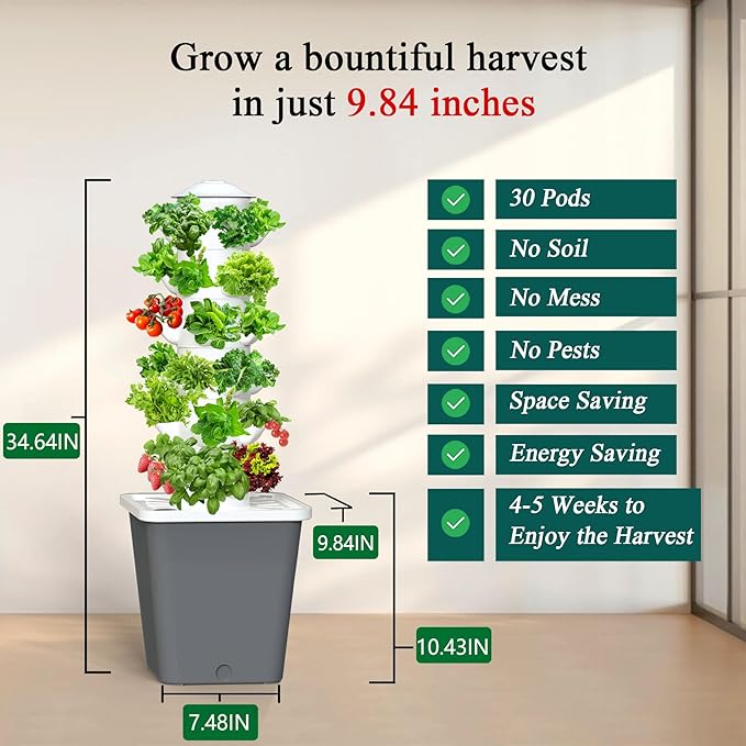 Hydroponics Growing System, 30-Plant Indoor Tower with Pump System, Plants Germination Kit, Vertical Hydroponic System for Gardening Lover (No Seed)
