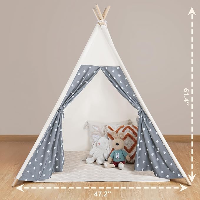 Teepee Tent for Kids Cotton Canvas Play Tent with Mat Slumber Party， Foldable Indoor Tent for Boys & Girls, Gift Set with Star Lights, Banner & Carry Bag, Stars Design
