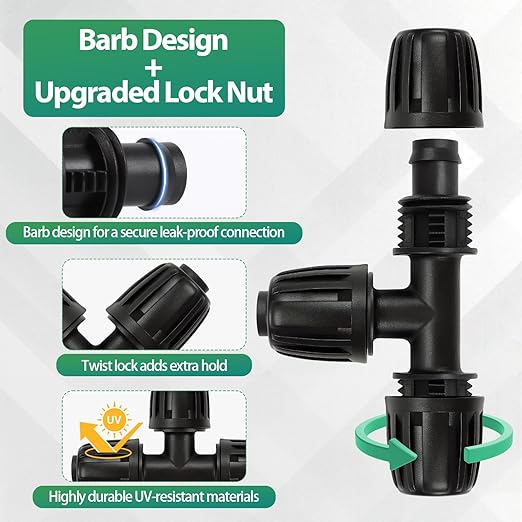 RedChili 14 Pcs 1/2 Inch Irrigation Tubing Tee Fittings, (1/2" ID x0.6-0.65" OD) 16mm Drip Tubing Barbed Locked Nuts Connectors Anti-Drop 1/2" T Parts for Garden Lawn Irrigation System
