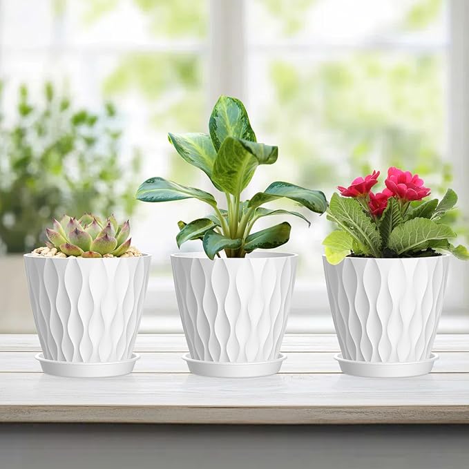 UOUZ 4 Inch Small Pots for Plants, 6 Pack Waffle Texture Small Plant Pots for Succulents, Plastic Planter with Drainage Holes and Saucers for Indoor Outdoor Plants, Flowers, Herbs, Seedlings, White