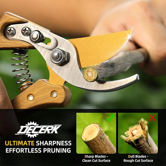 DECERK® 8.5" Premium Bypass Pruning Shears – Wood Grain Finish with Gold Titanium Blade, Japanese SK5 Steel, Balanced Ergonomic Handle for Precise Garden Trimming, Timeless Gardening Companion