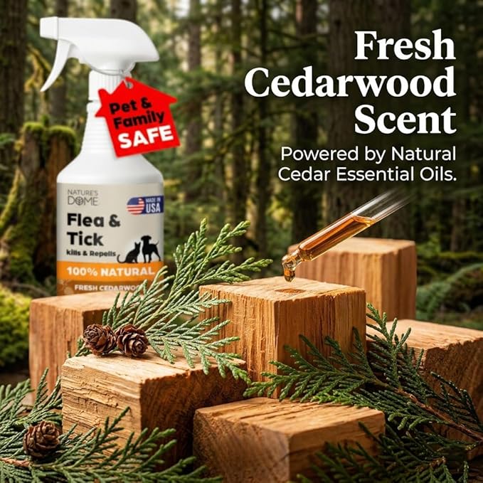 Nature’s Dome Cedarwood Flea & Tick Spray – 16 oz – Kills & Repels Fleas, Ticks, Larvae & Eggs – Plant-Based Pest Control – Safe for Pets, Kids & Plants – Ready-to-Use (16 Oz, Cedarwood)