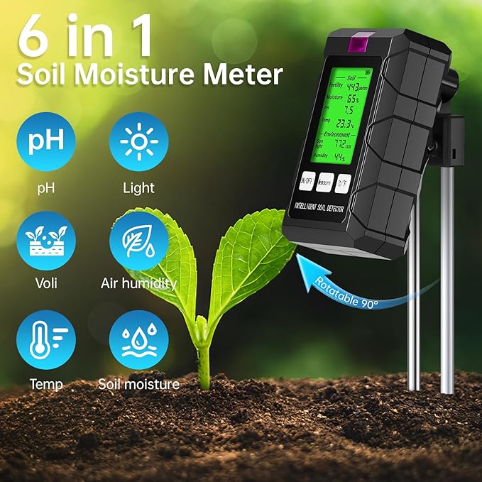 2026 Dual Probe Soil Tester, 6-in-1 Moisture Meter, Moisture/pH/Temperature/Sunlight/Air Humidity/Fertility, Perfect for Farming, Gardening, Lawns, Outdoor (2*AAA Battery Needed) -NEW Patent