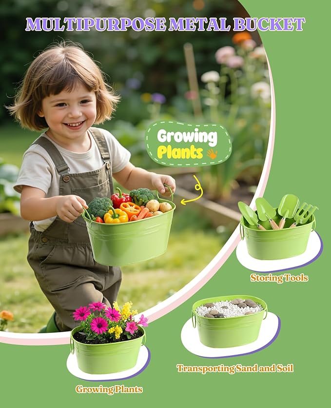 8Pcs Kids Gardening Set with Metal Basket & Real Metal Tools, STEM Outdoor Kit, Ergonomic Wooden Handles, 3 Shovels, Rake, Watering Can, Gloves, Tote Bag, Gift for Toddler Boys Girls, Green