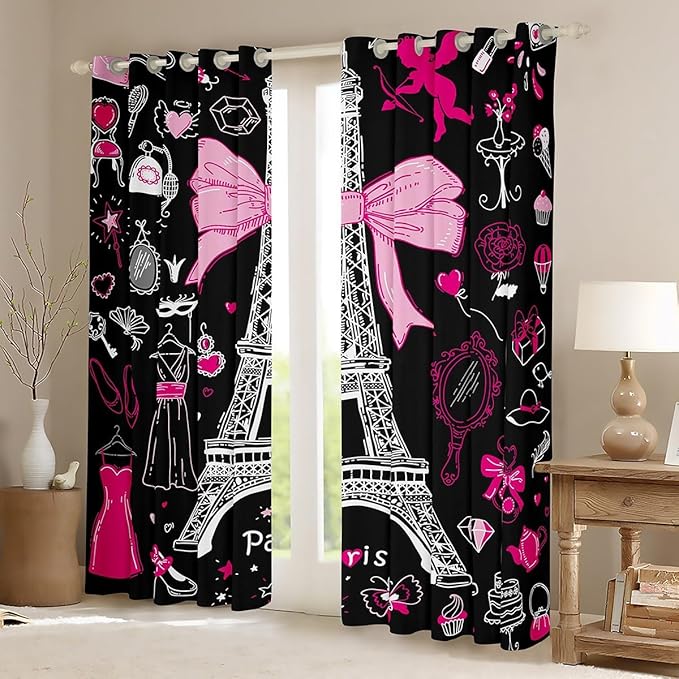 Eiffel Tower Curtains & Drapes,City Building of Paris Blackout Curtains,French Style Romantic France Window Treatments,Make Up Themed Pink Hearts Modern Fashion Window Curtains 2 Panels 38"Wx45"L