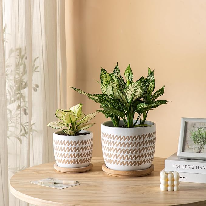 Ceramic Flower Pots Indoor-Outdoor: 5.75 Inch Planters with Drainage Holes & Saucer - Modern Decorative Plant Pots Ceramic for Home Gardeners (Wave)