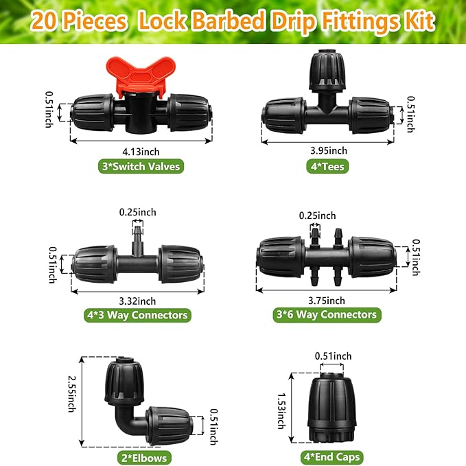 Drip Irrigation Fittings Kit for 1/2 Inch Drip Tubing, 20 Pieces Set 1/2'' Drip Line Anti-Drop Barbed Locked Nut Connectors - 4 Tees 4 End Caps 3 Valves 2 Elbows 7 Reducing Tee Connectors