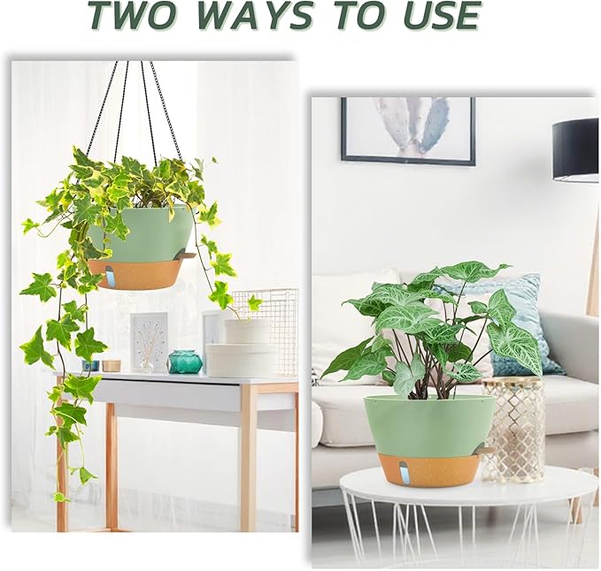 ZMTECH 2 Pack 12 Inch Hanging Planters for Indoor Plants, Large Green Self Watering Hanging Planter with Visible Water Level & Removable Tray, Decorative Flower Pots for Outdoor Garden
