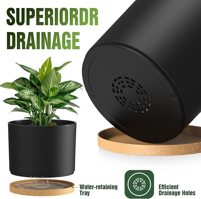 10/9/8 Inch Large Plant Pots with Drainage Holes and Trays, 3 Pack Modern Minimalist Cylinder Planters for Monstera, Snake Plant, Indoor Outdoor (Matte Black & Brown)
