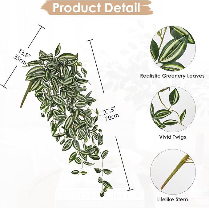 DILATATA Fake Hanging Plants Artificial Hanging Plants 157 Leaves Faux Wandering Jew Hanging Leaves Plants for Wall Shelf Home Indoor Outdoor Decor - 2 Pack