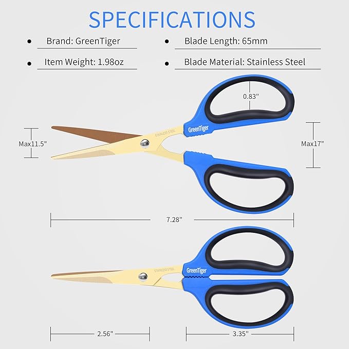 GreenTiger Garden Scissors, 65mm Extra-Long Blade, Golden Titanium Coating Pruning Shears, Sharp Precision-ground Stainless Steel Bonsai Shears, Suit for Garden and Home