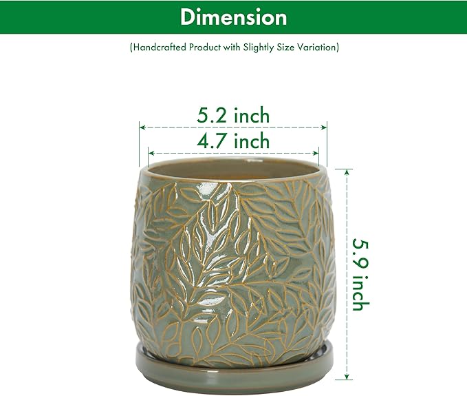 D'vine Dev 5 Inch Embossed Leaves Stoneware Planter Pot with Drainage Hole and Saucer, Olive, 27-A-V-0