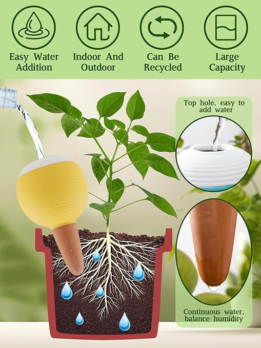 Plant Watering Globes Set of 4, Large Terracotta Automatic Watering Stake Devices with Wooden Stopper for Pots, Planters, Indoor, Outdoor