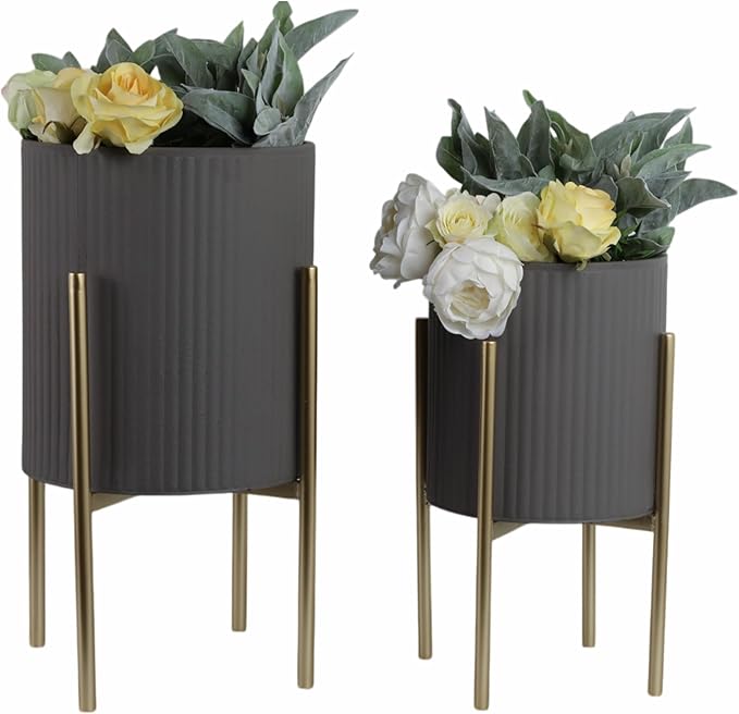 Decorative Flower Pots with Metal Stand for Home Decor - Modern Planters for Hallway, Entryway, and Living Room Decor - Indoor and Outdoor Pots for Plants - Set of 2, 23", 19", Gray & Gold