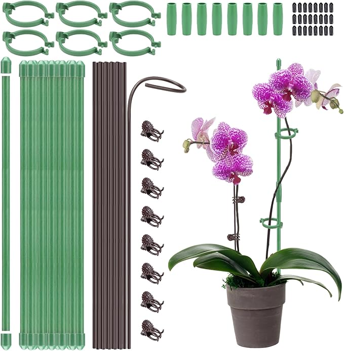 24 Pcs Plant Stakes Kit, 12 Inch Bendable Single Stem Support Stakes with Orchid Clips Connect Rings, Stackable Garden Plant Stick Planter Support Sticks for Potted Plants Flowers Orchid Rose Peony