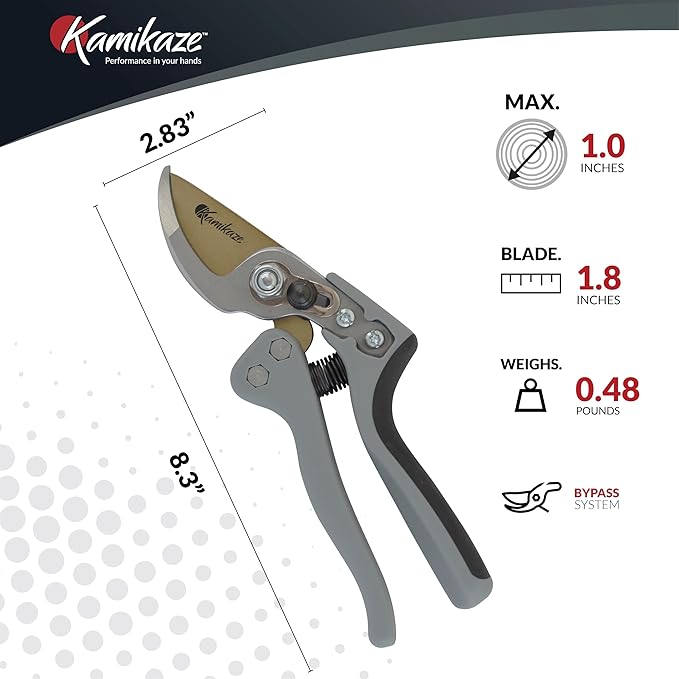KAMIKAZE Heavy-Duty Professional Pruning Shears for Gardening, Ergonomic Comfort Handle, SK5 High-Carbon Steel Bypass Blade, Cuts Branches Up to 1 Inch, Garden Clippers for Tree and Shrub Trimming