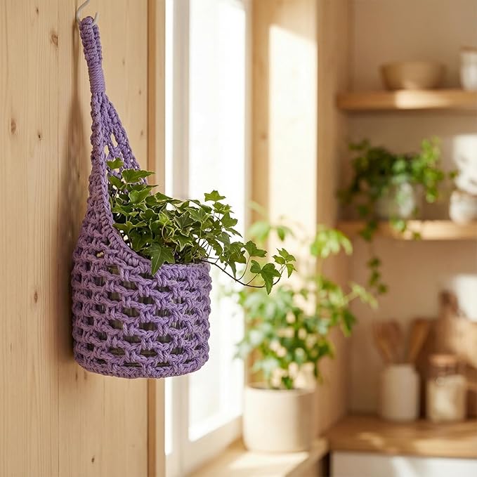 Macrame Wall Plant Hanger, Hanging Planter Basket Holder, Wall Planters for Indoor Plants, for Up to 6 Inch Pot (Purple, 6-Inch)