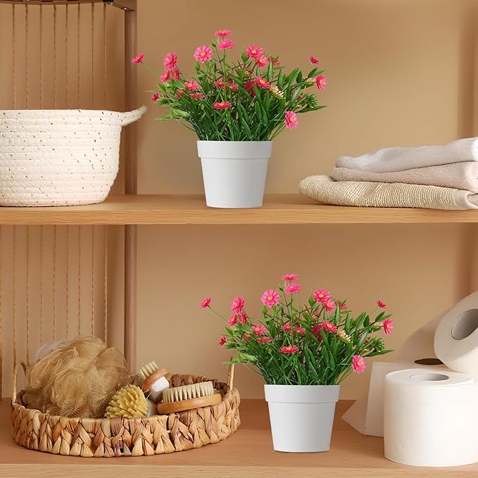 Fake Plants Daisy for Bathroom Decor, Small Potted Artificial Plants Indoor for Shelf Desk Home Bathroom Farmhouse Room Coffee Table Decor, Red (Pack of 2)